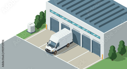 isometric delivery van outside warehouse building with roller doors and surrounding trees modern vector illustration