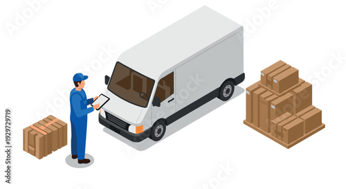 isometric delivery man checking clipboard near white cargo van with stacked cardboard boxes in digital flat style for logistics and shipping concept