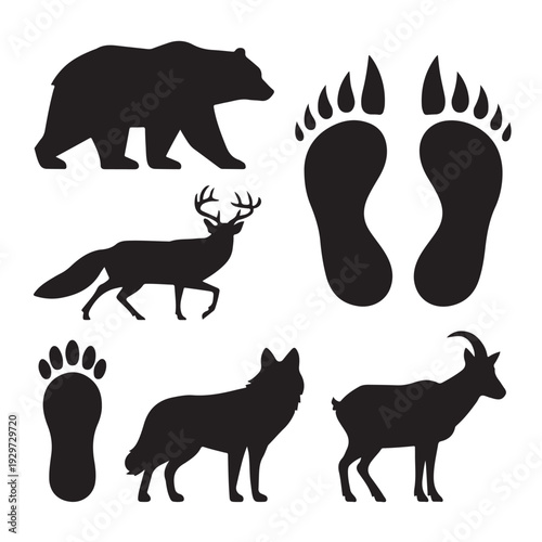 Wallpaper Mural Forest Animals and Footprints Silhouette Vector Set, Bear Deer Fox Wild Nature Collection Torontodigital.ca