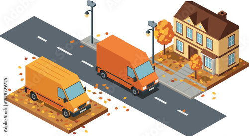 isometric autumn street scene with orange delivery vans and suburban house in vector