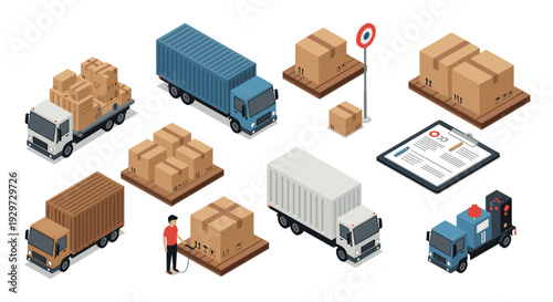 isometric delivery trucks cargo boxes clipboard checklist and worker vector illustration set for logistics and shipping concept