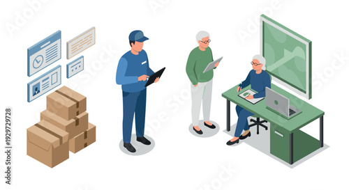 isometric elderly people working with delivery boxes digital documents and office desk in modern flat style