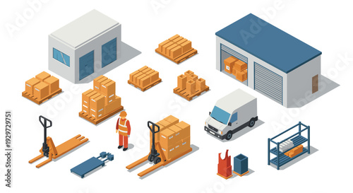 isometric warehouse and logistics icon set with boxes pallets forklift van and worker in hand drawn style