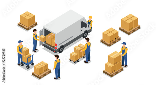 isometric delivery workers loading and unloading cardboard boxes from a white delivery van in hand drawn style