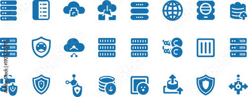 Cloud computing icons, data storage, server, database, cybersecurity, shield, secure network, upload, download, IT infrastructure, technology, digital, connection