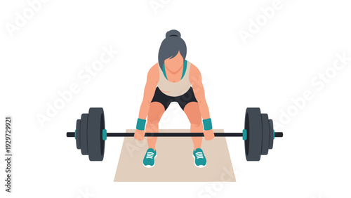 woman lifting heavy barbell weight during workout gym exercise hand drawn vector illustration