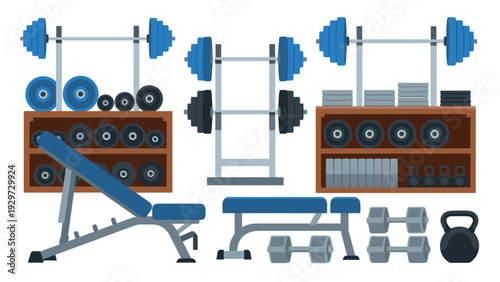 fitness gym equipment set with benches dumbbells kettlebells and weight racks flat vector illustration