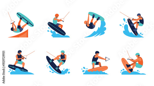 set of wakeboarding athletes performing tricks on water in flat style