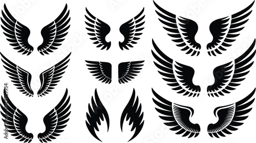 Set of black angel wings silhouettes collection isolated on white background, decorative flying feather emblem vector design pack