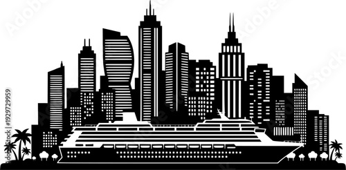 Caribbean Port and Cruise Ship Vector Art, Black and White Tropical Destination
