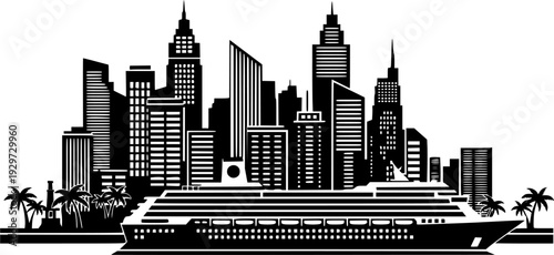 Caribbean Port and Cruise Ship Vector Art, Black and White Tropical Destination
