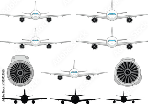 Commercial airplane front view and jet engine collection set, passenger aircraft nose perspective and turbine detail vector illustration isolated