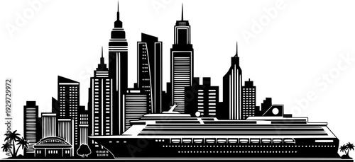 Caribbean Port and Cruise Ship Vector Art, Black and White Tropical Destination
