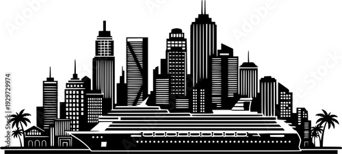 Caribbean Port and Cruise Ship Vector Art, Black and White Tropical Destination
