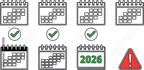 Calendar Icon Set with Checkmark Confirmation 2026 Date and Warning Symbols for Scheduling Planning Deadlines and User Interface Vector Design