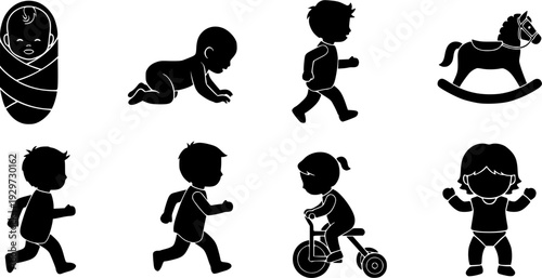 set of silhouettes of baby boy and girl grow up process. baby development, child growth stages. toddler milestones.
