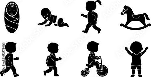 set of silhouettes of baby boy and girl grow up process. baby development, child growth stages. toddler milestones.
