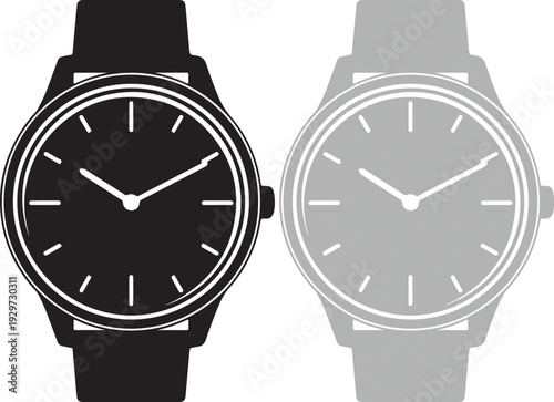 Vector graphic illustration of two modern wristwatches in different shades on a white background showcasing timekeeping design and style elements