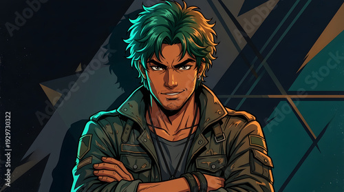 Retro anime portrait of man with green hair and neon lighting