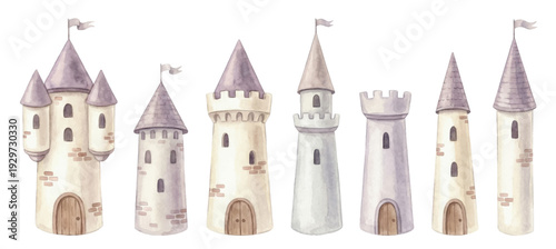 Hand painted watercolor castle towers in soft pastel tones, ideal for fairy tale themes, princess parties and kids room prints