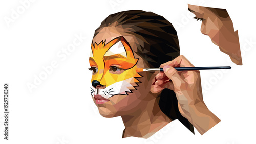 child with face paint tiger design in geometric low poly style with artist painting