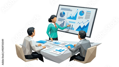 business people having a meeting with charts and graphs in geometric low poly style