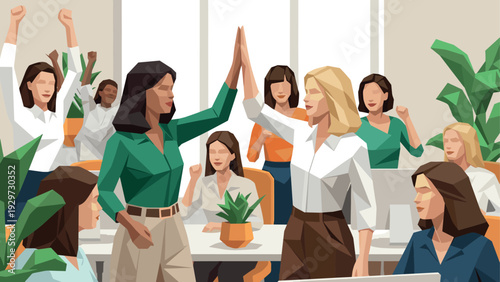 group of diverse businesswomen celebrating success in modern office flat vector illustration