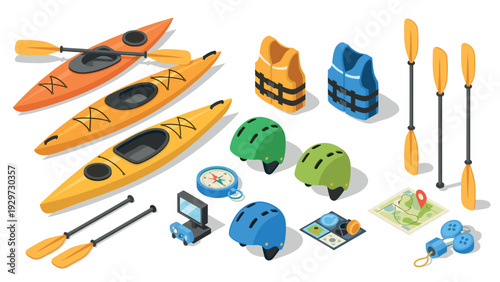 isometric set of kayaking equipment including kayaks paddles helmets life vests compass and safety gear in bright colors