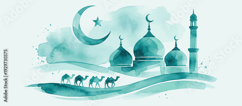 Soft Aquamarine Islamic Landscape – Watercolor Mosque and Camels for Ramadan & Eid Design