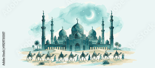 Aquamarine Watercolor Mosque and Camels Sketch – Abstract Islamic Eid Greeting Card Background Illustration