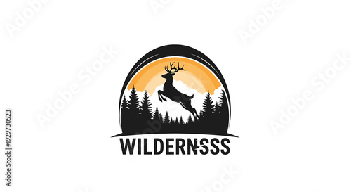 Deer jumping silhouette logo with forest and sunset