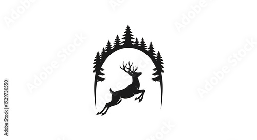 leaping deer silhouette with pine trees