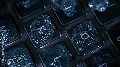 Close-up video of computer keyboard key illuminated by ultraviolet light revealing visible fingerprint on the surface. Concept of cyber security, digital privacy, forensic analysis, biometric	