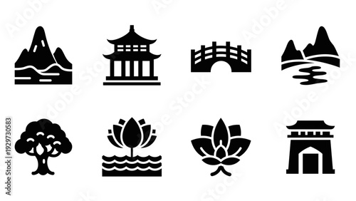 set of hand drawn asian nature and architecture black silhouette icons including mountains bridge tree lotus and pagoda style buildings