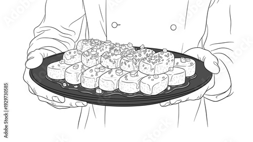 chef holding a plate of tofu cubes with sauce hand drawn black and white line art food illustration