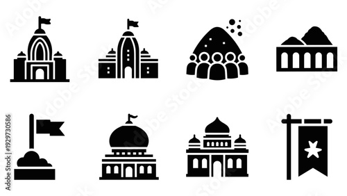 set of black silhouette Indian temple and cultural icons collection in flat style