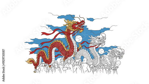 people carrying traditional dragon puppets in a hand drawn style during a cultural festival with blue sky background