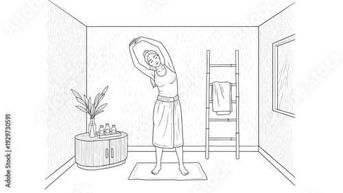 woman stretching in bathroom with towel and ladder rack hand drawn line art illustration
