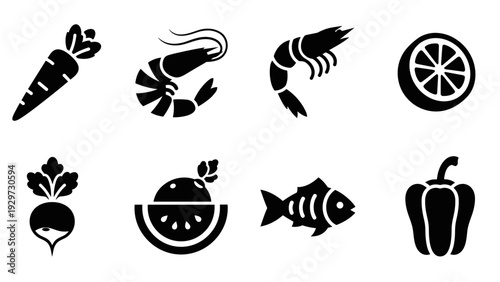 set of hand drawn black silhouette seafood vegetables and fruits icons