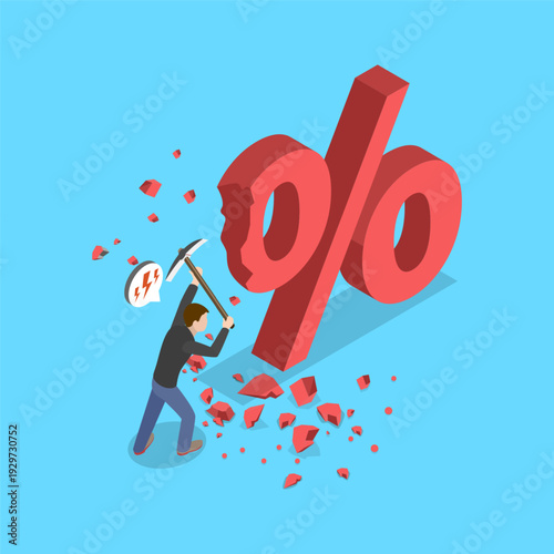 3D Isometric Flat Vector Illustration of Price Reduction, Businessman With Sledgehammer Smashes Percentage Symbol - A Metaphor For Financial Success.