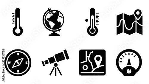 set of black silhouette geography and navigation icons including thermometer globe map compass telescope speedometer