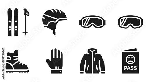 ski gear and winter sport equipment icon set in black silhouette style