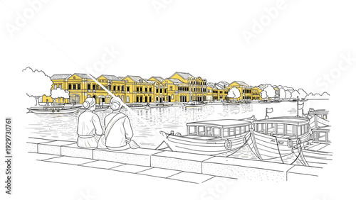 hand drawn riverside town with traditional boats and two people sitting by the waterfront in line art style with yellow accents