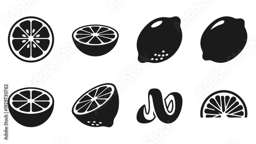 black and white lemon fruit set with slices halves and peel hand drawn icons