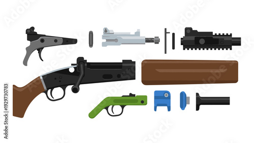disassembled rifle parts set with flat design components and accessories