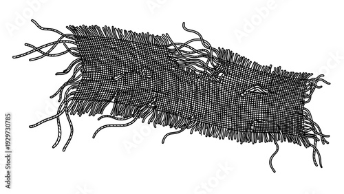 close up hand drawn illustration of a torn and frayed piece of textile fabric with loose threads and rough edges