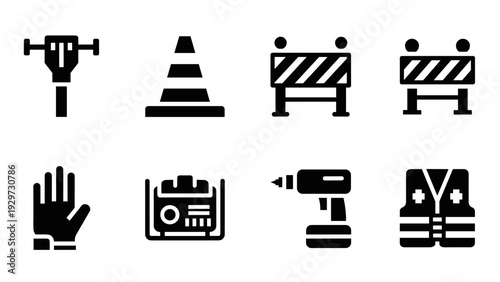 set of construction and safety tools icons in black silhouette style with barrier drill cone and vest