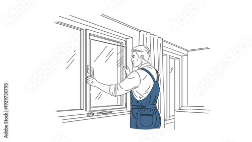 man installing window frame hand drawn line art illustration for home improvement and renovation