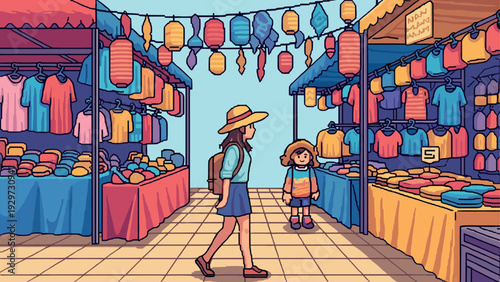 mother and child walking through colorful clothing market stalls with hanging lanterns hand drawn illustration
