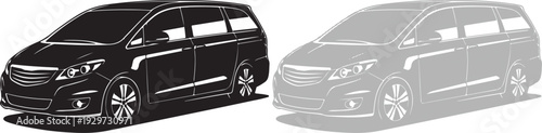 Vector graphic illustration of a modern minivan showcased in two distinct styles, one solid and one halftone, against a clean white background highlighting its sleek design.